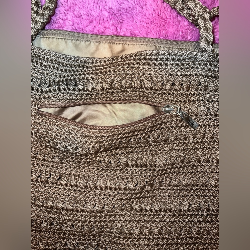 The Sak Originals Crochet Shoulder Purse Bag Lined Zip Closure Brown Beige - Picture 2 of 12